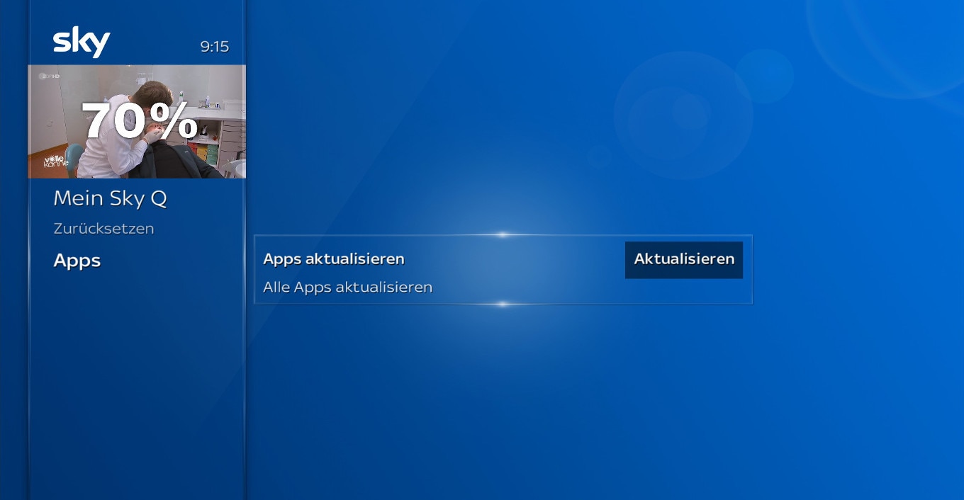 Sky Q Bildschirm mit ausgewähltem Apps-Menü, zeigt 70 % Fortschritt und Option zum Aktualisieren aller Apps.