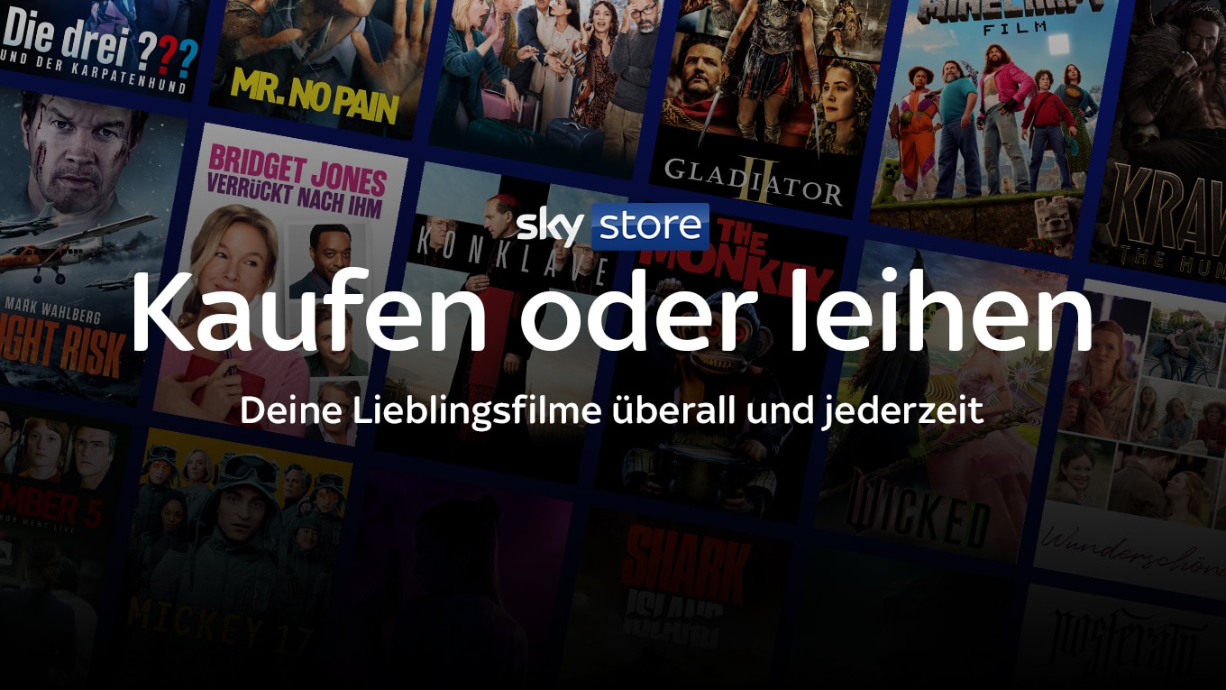Sky Store Logo mit Text: "Sky Store Kaufen oder leihen deine Lieblingsfilme überall und jederzeit".