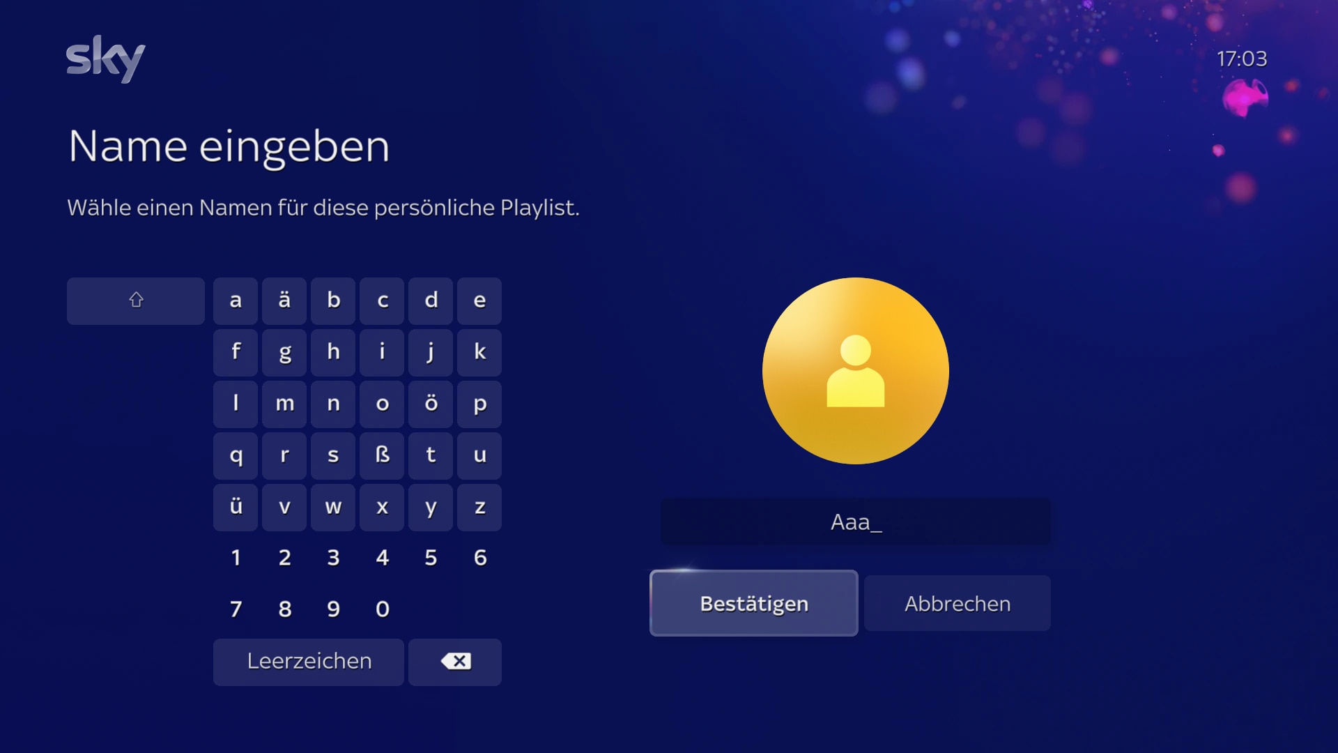 Bildschirmaufforderung zur Benennung des Avatars. Geben Sie einen Namen ein und wählen Sie „Bestätigen“.