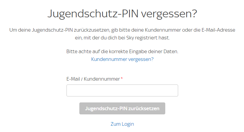 Sky-Bildschirm zum Zurücksetzen der Kindersicherungs-PIN mithilfe der Kundennummer oder E-Mail