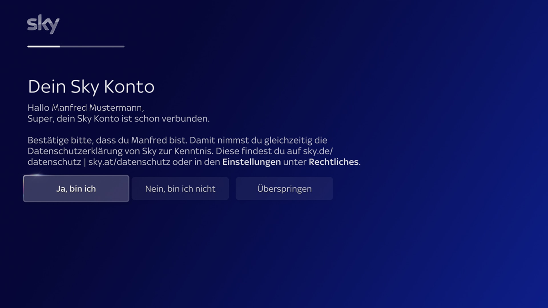 Sky Stream-Anmeldebildschirm mit Optionen zur Identitätsbestätigung oder Kontoverbindung