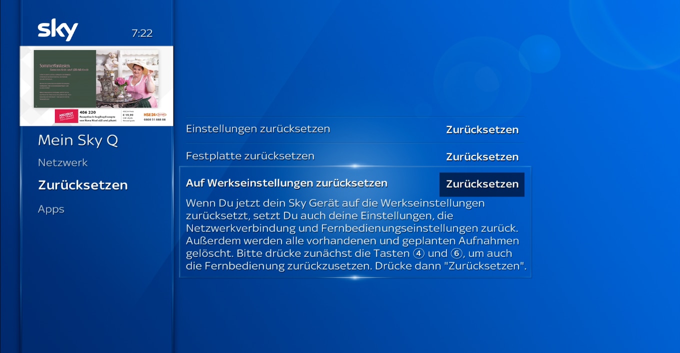 Bildschirm des Sky Q-Receivers; wählen Sie Zurücksetzen und dann Auf Werkseinstellungen zurücksetzen mit der OK-Taste.