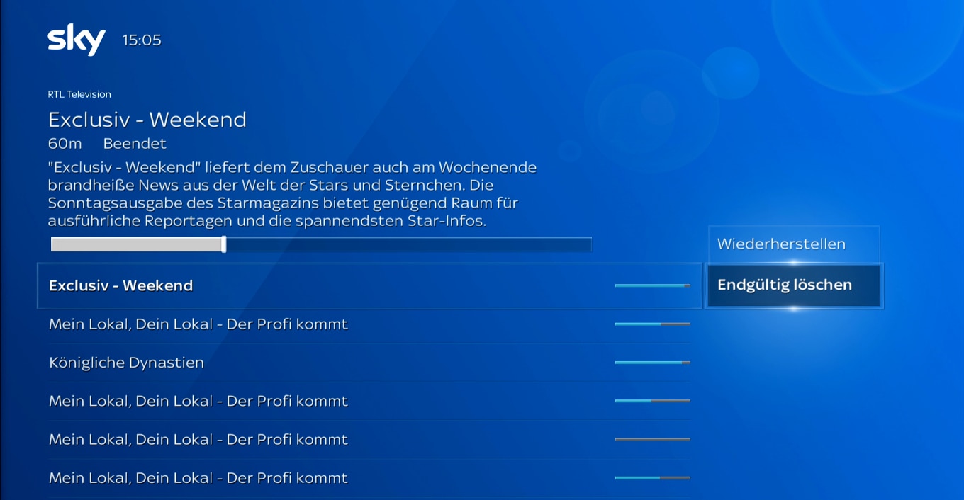 Navigieren Sie auf dem Startbildschirm zu Aufnahmen > Gelöscht. Wähle Sie das Programm, anschließend Endgültig löschen.