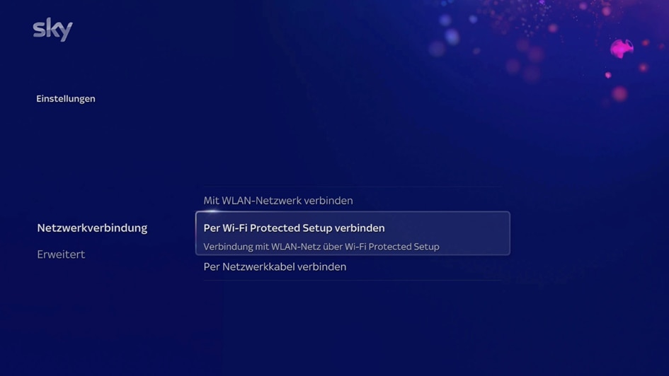 Einstellungen > Netzwerkbildschirm mit Hervorhebung der Schaltfläche "Per Wi-Fi Protected Setup verbinden".