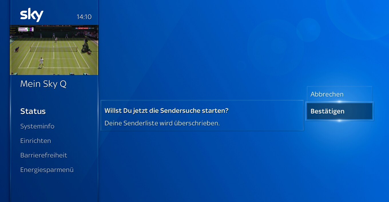 Bildschirm des Sky Q-Receivers; Wählen Sie mit der OK-Taste „Willst Du jetzt die Sendersuche starten“ aus