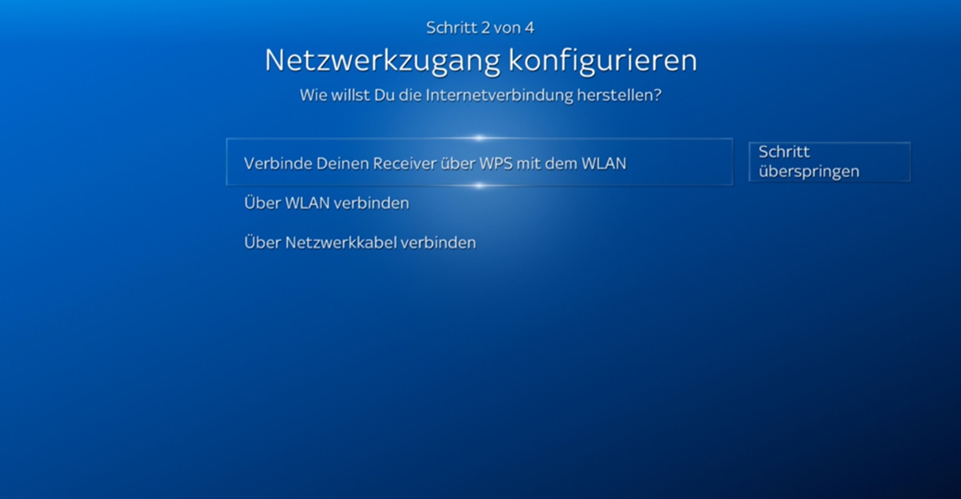 Netzwerkauswahl; mit der OK-Taste zwischen Verbinden per WPS, Verbinden per WLAN, Verbinden per Netzwerkkabel wählen.