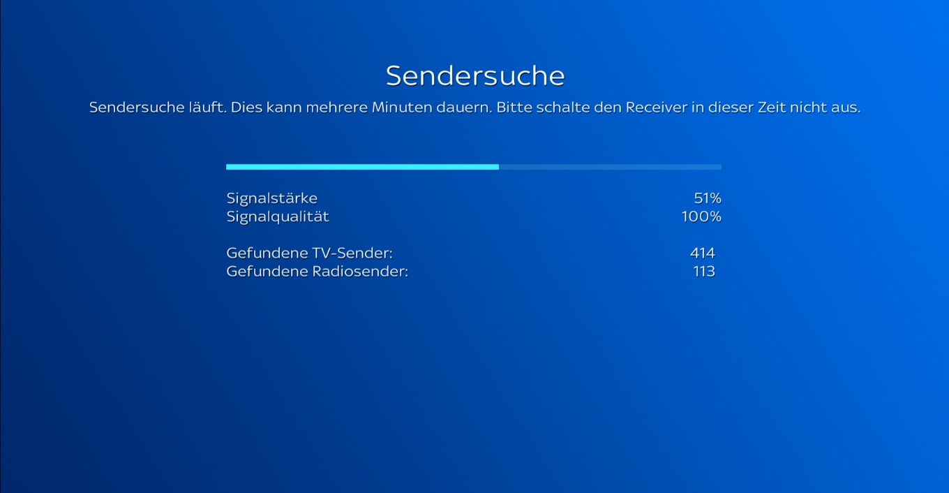Automatischer Sendersuchlauf mit Fortschrittsbalken. Dies kann einige Minuten dauern.
