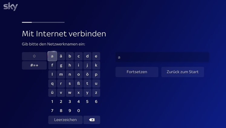 Virtuelle Tastatur zur Eingabe des WLAN-Passworts durch Auswahl der Zeichen mit den Pfeiltasten auf der Fernbedienung.