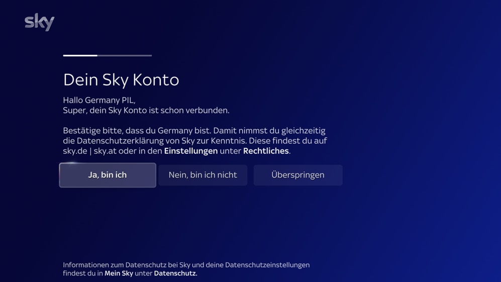 Der Bildschirm bestätigt die Kontoverknüpfung und fordert den Benutzer auf, seinen Namen zu bestätigen