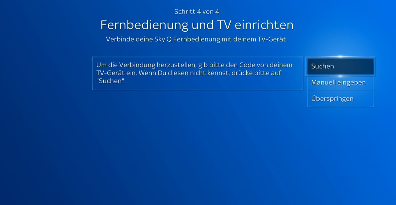 Bildschirm zur Einrichtung der Fernbedienung; Geben Sie den Code Ihres Fernsehgeräts ein oder drücken Sie „Suchen“.