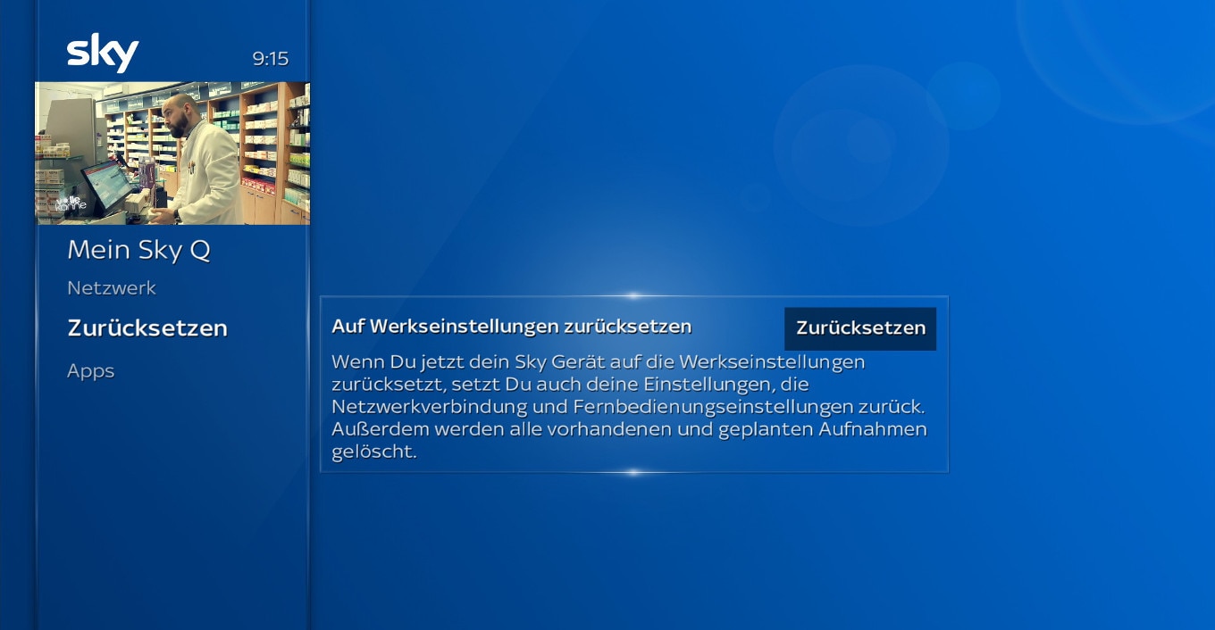 Sky Q-Bildschirm mit Reset-Hinweis, zum Zurücksetzen und Bestätigen von 'Zurücksetzen auf Werkseinstellungen'.