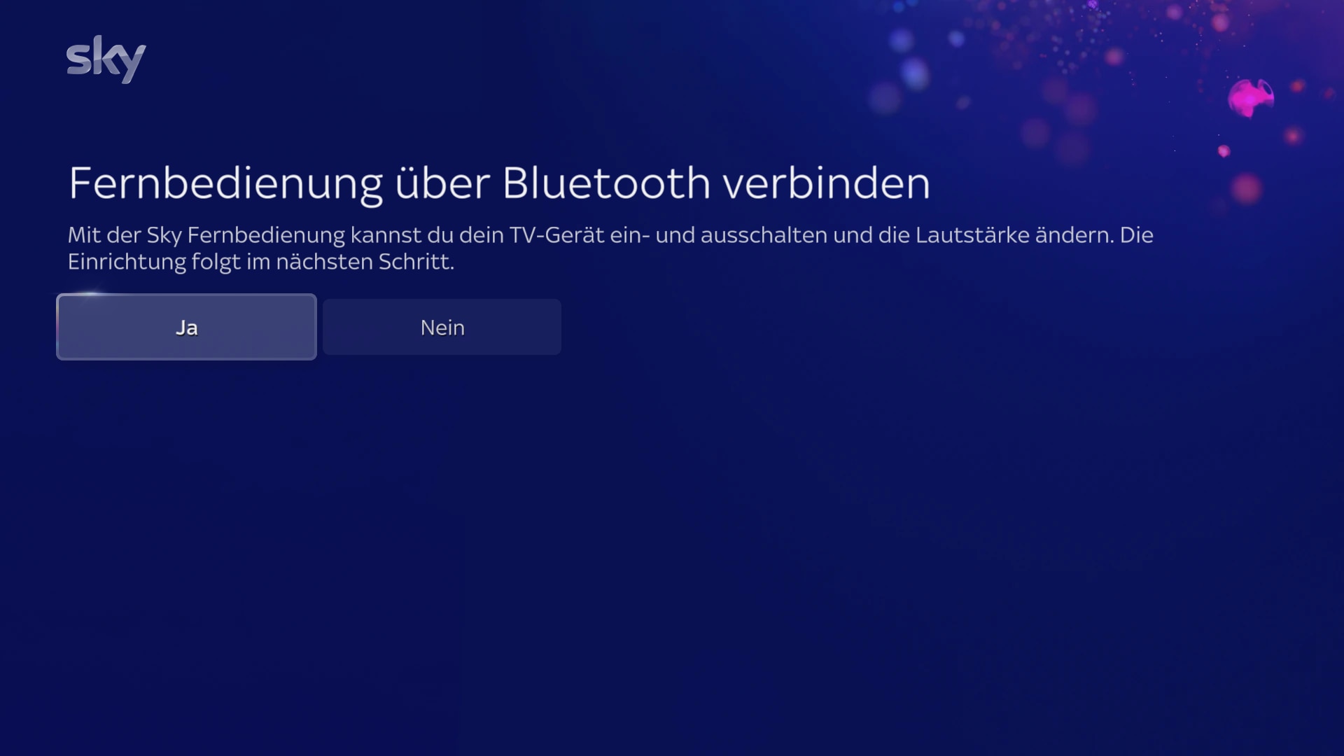 Bildschirmaufforderung zum Einrichten der Fernbedienung für die TV-Steuerung durch Auswahl von „Ja“ oder „Nein“.