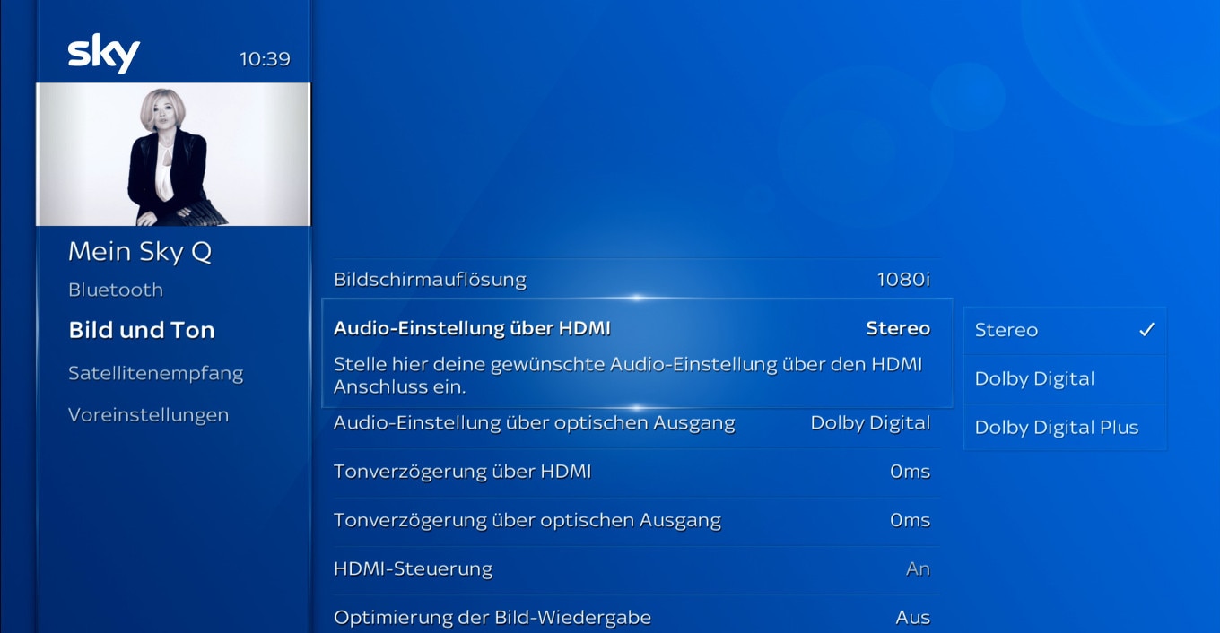 Startbildschirm; navigieren Sie zu Mein Sky Q > Einstellungen > Setup > Bild und Ton > Audioeinstellungen über HDMI.