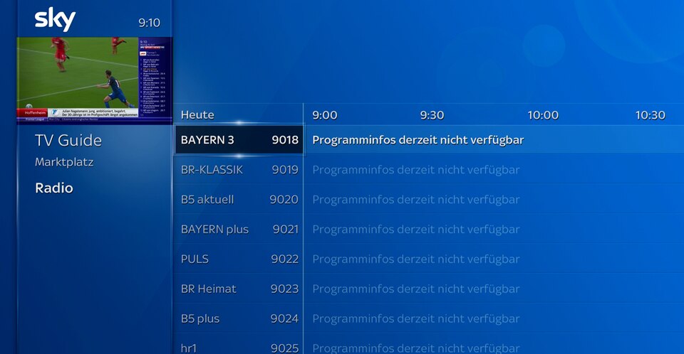 Startbildschirm: Gehen Sie zum TV-Guide und suchen Sie im Bereich „Radio“ den Sender, den Sie hören möchten.