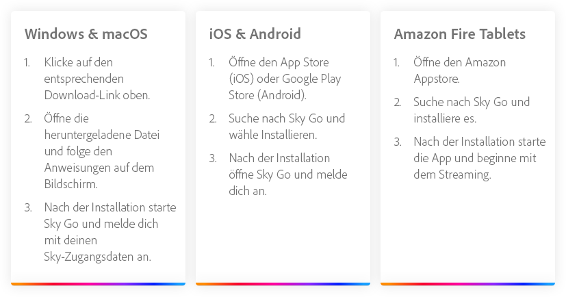 Installationsschritte für Sky Go für Windows und macOS, iOS und Android sowie Amazon Fire Tablets.