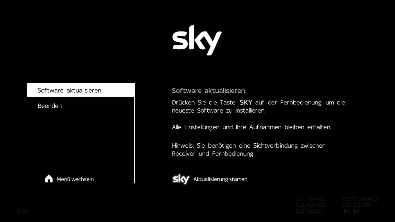 Bootloader-Menü, durch Drücken der Home-Taste Software aktualisieren auswählen und mit der Sky-Taste das Update starten.