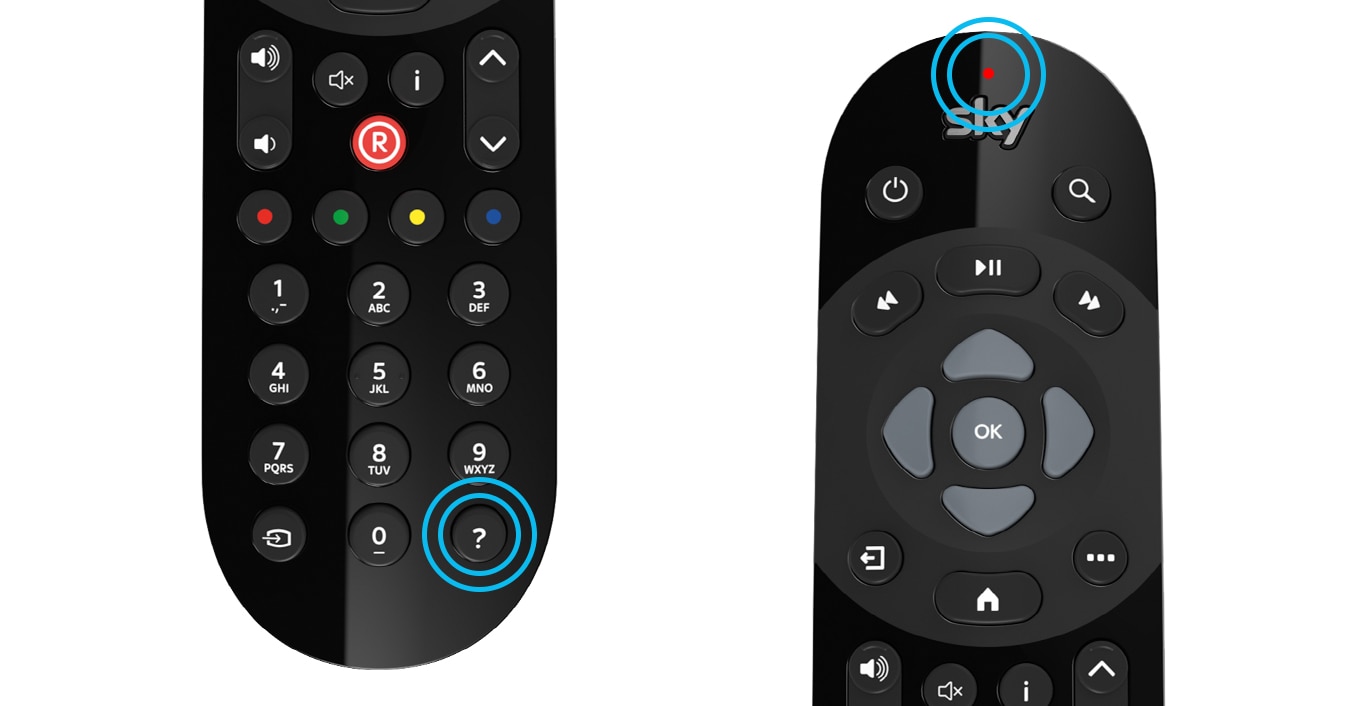 Zwei Fernbedienungen: ?-Taste links, Sky-Taste rechts, beide blau markiert.