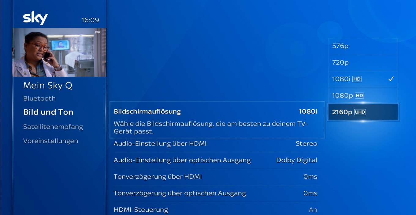 Sky Q-Bildschirm; navigieren Sie unter „Bildschirmauflösung“ zu 2160p und bestätigen Sie mit der OK-Taste.