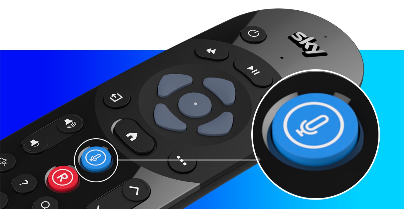 Sky-Fernbedienung mit Mikrofontaste, Navigation, Wiedergabe und Power-Tasten sichtbar