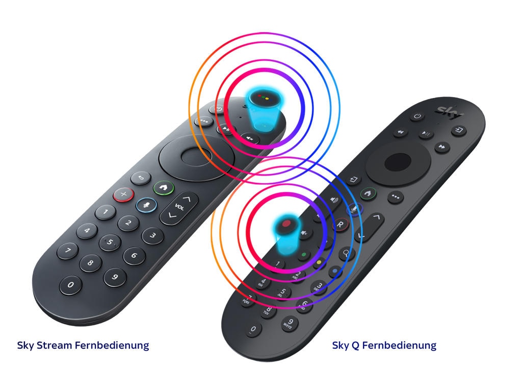 Grafik zeigt Sky Stream und Sky Q Fernbedienung und den blauen Button, zwecks Aktivierung des Match-Alarms.