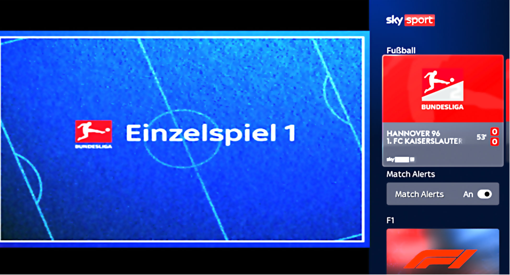 Grafik zeigt Menüoberfläche, bei Einblendung der Sport App, denn nur dann ist der Match-Alarm aktiviert.