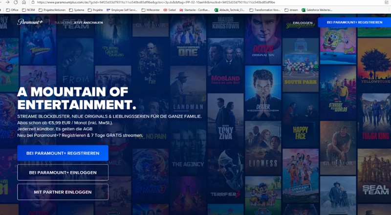paramountplus.com-Seite, auf der die Option „Mit Partner einloggen“ hervorgehoben ist