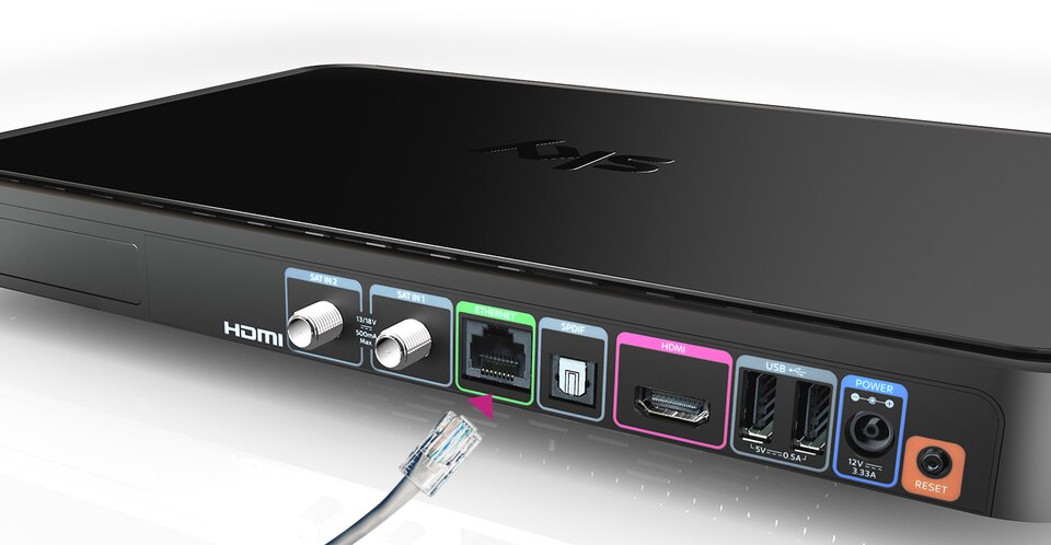 Auf der Rückseite des Sky Q Receivers ist ein grüner Ethernet-Anschluss zum Einstecken des Netzwerkkabels zu sehen.
