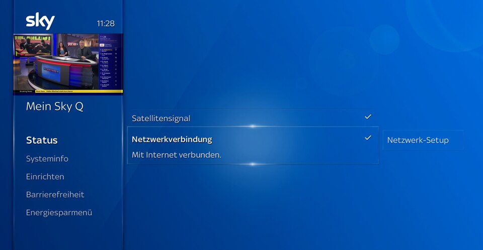 Startbildschirm; navigieren Sie zu Mein Sky Q > Einstellungen > Status > Netzwerkverbindung.