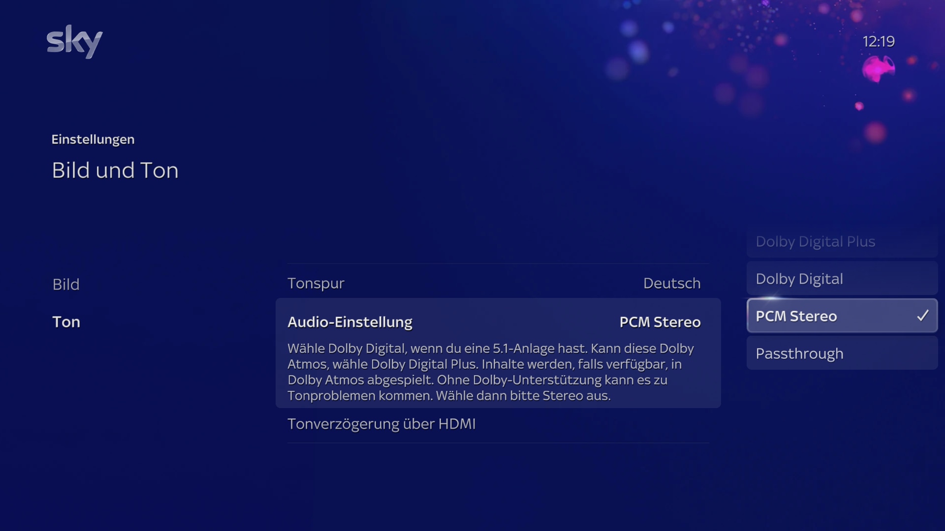 Bildschirm mit der Aufforderung, unter „Audioeinstellungen“ PCM Stereo auszuwählen
