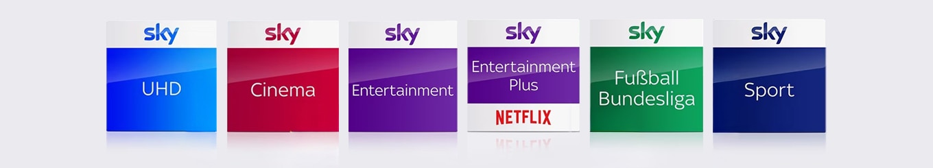 Sky-Pakete: UHD, Cinema, Entertainment, Entertainment Plus mit Netflix, Fußball Bundesliga und Sport.
