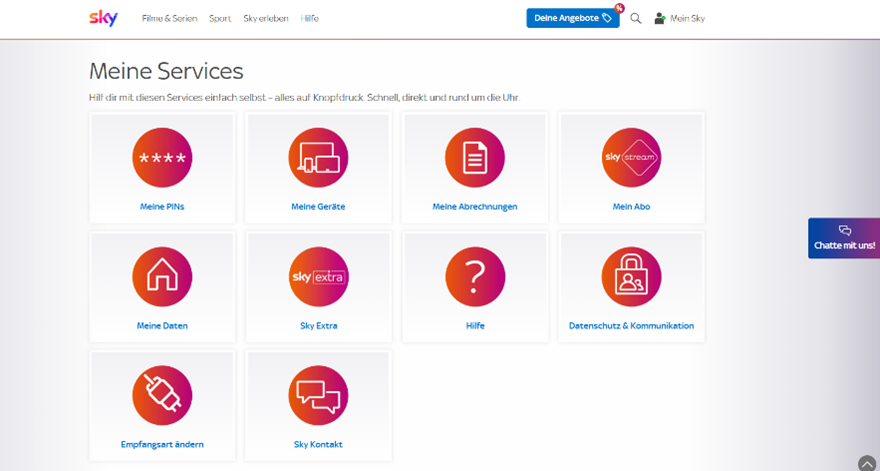 Sky Meine Services Übersicht mit Optionen für PINs, Geräte, Abrechnungen, Abo, Daten, Hilfe und Kontakt.