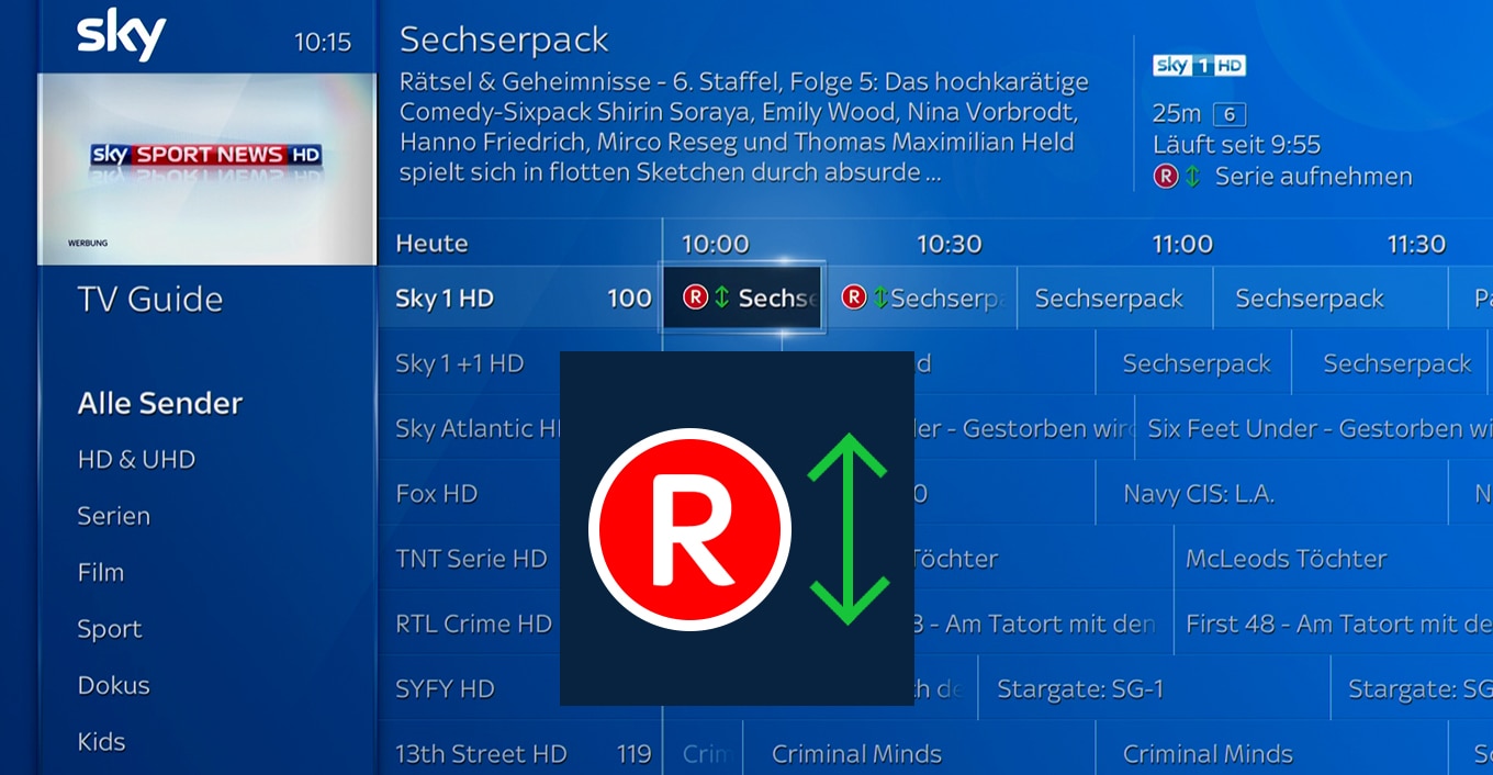 Im TV Guide wird in der Programminfo die R-Taste angezeigt, was bedeutet, dass die aktuelle Sendung aufgenommen wird.