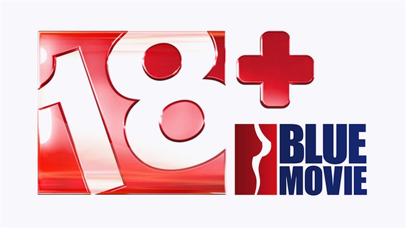 18+ Warnsymbol mit dem 'Blue Movie'-Logo in rotem, weißem und blauem Design.
