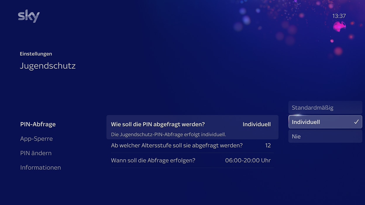 Bildschirm „Kindersicherung“ mit der Aufforderung, Alter und PIN-Abfragezeiten für einzelne