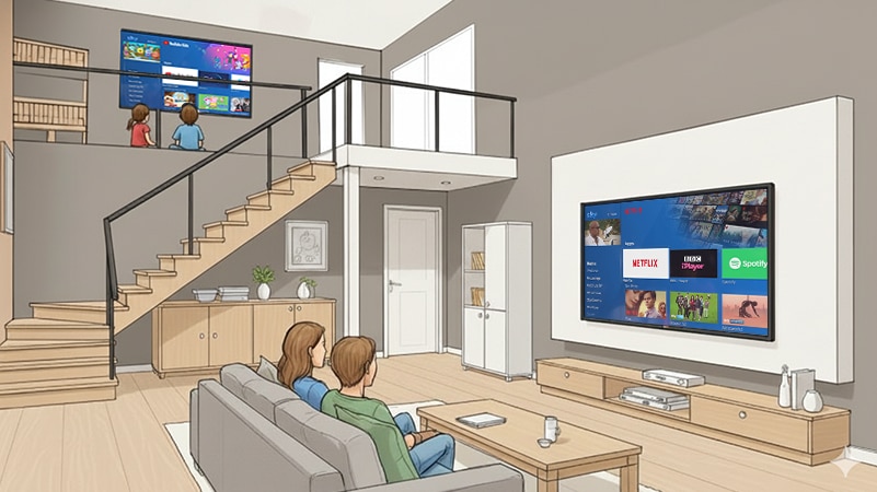 „Familie sieht Netflix auf großem TV, Kinder schauen Inhalte auf kleinem Bildschirm“