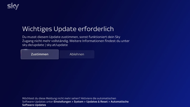 Bildschirm mit der Aufforderung, dem Software-Update zuzustimmen oder es abzulehnen