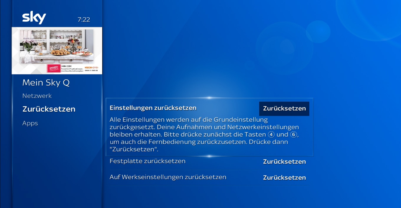 Sky Q Zurücksetzmenü mit Optionen zum Zurücksetzen der Einstellungen, Festplatte oder Werkseinstellungen. Zurücksetzen-Schaltfläche ist ausgewählt.