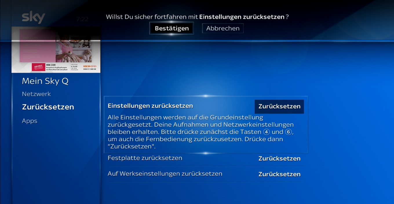 Sky Q Bildschirm mit geöffnetem Zurücksetzmenü, Optionen für Einstellungen, Festplatte und Werkseinstellungen sichtbar.
