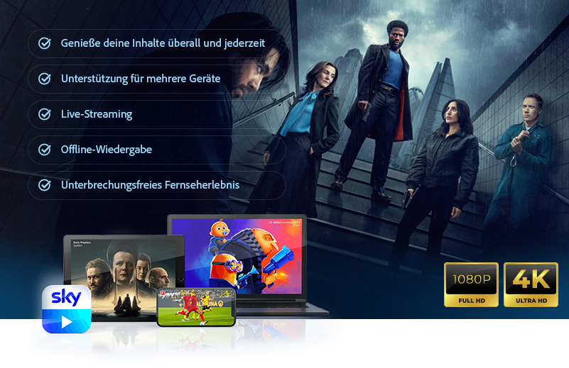 Sky Go-Bild, das Streaming-Funktionen wie Offline-Wiedergabe, Live-TV und Unterstützung mehrerer Geräte zeigt.