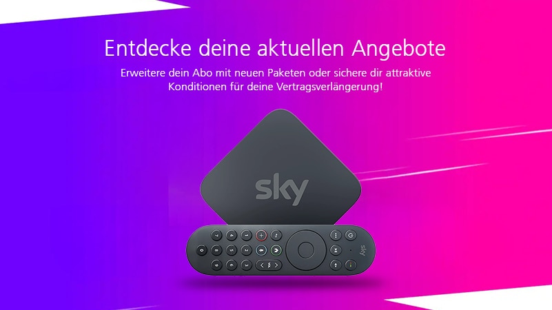 Grafik zeigt Sky Stream Box und Fernbedienung. Darüber die Aufschrift: " Entdecke deine aktuellen Angebote".