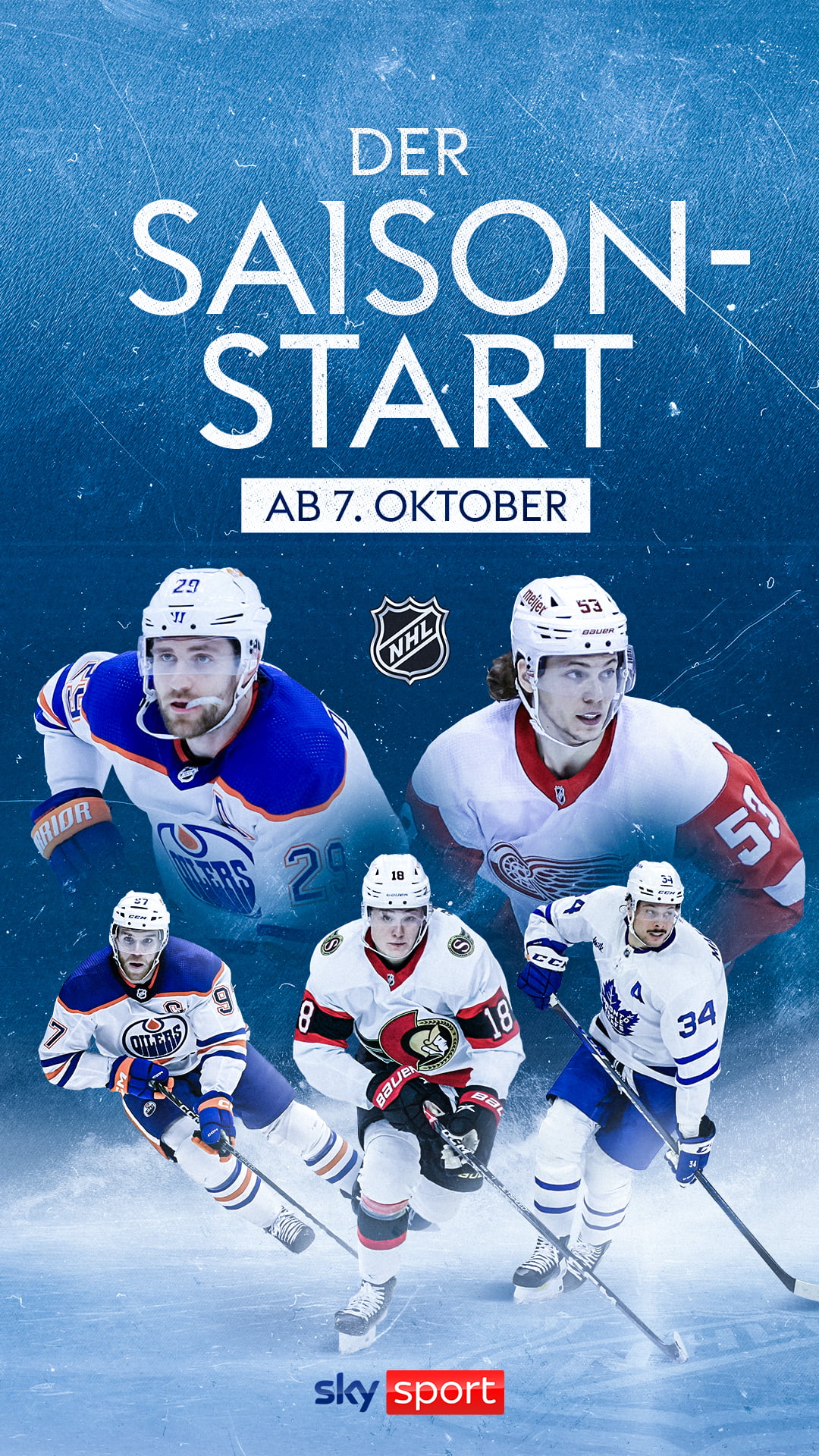 Grafik zeigt NHL Spieler und Sky Sport Logo mit der Überschrift "Der Saisonstart ab 7. Oktober"