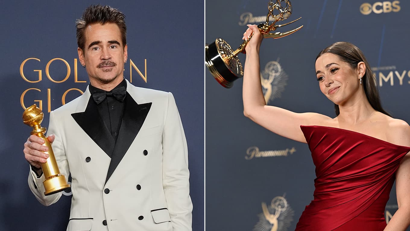 Foto von Colin Farrell mit seinem Golden Globe und Cristin Milioti mit ihrem Emmy-Award