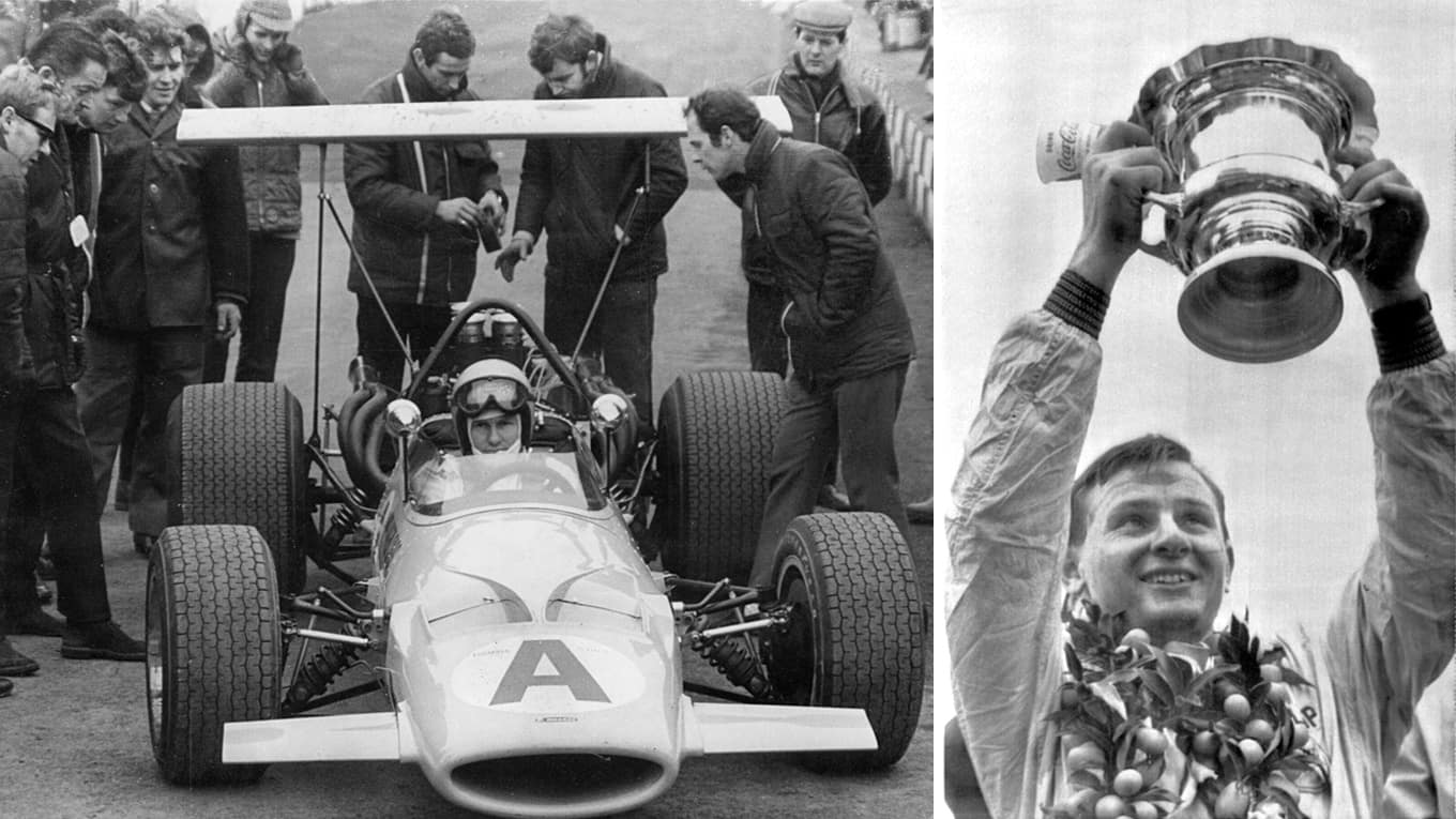 Foto-Collage von Bruce McLaren in seinem ersten eigen produzierten Formel-1-Wagen und als glücklicher Formel-1-Gewinner im Jahr 1959.