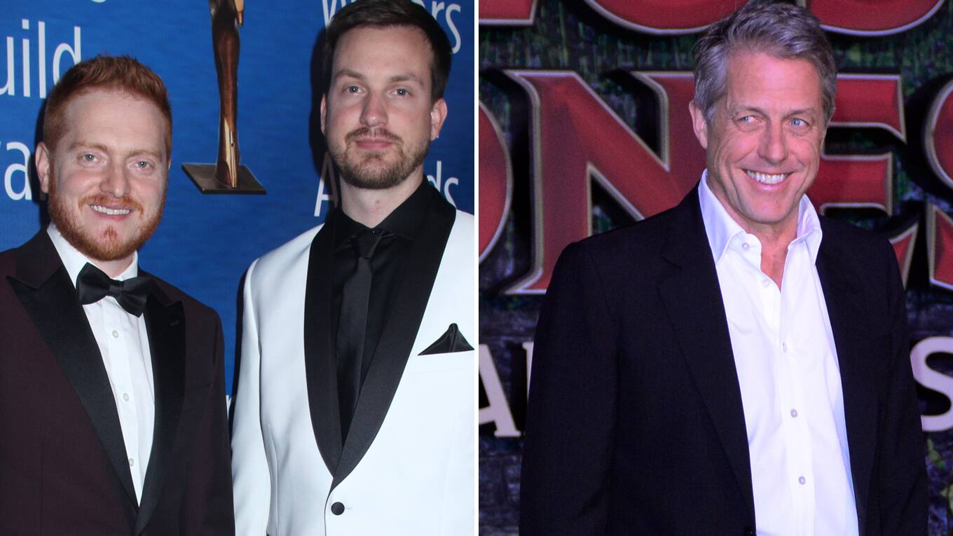 Die Autoren und Regisseure Bryan Woods (links) und Scott Beck sowie Schauspieler Hugh Grant (rechts)