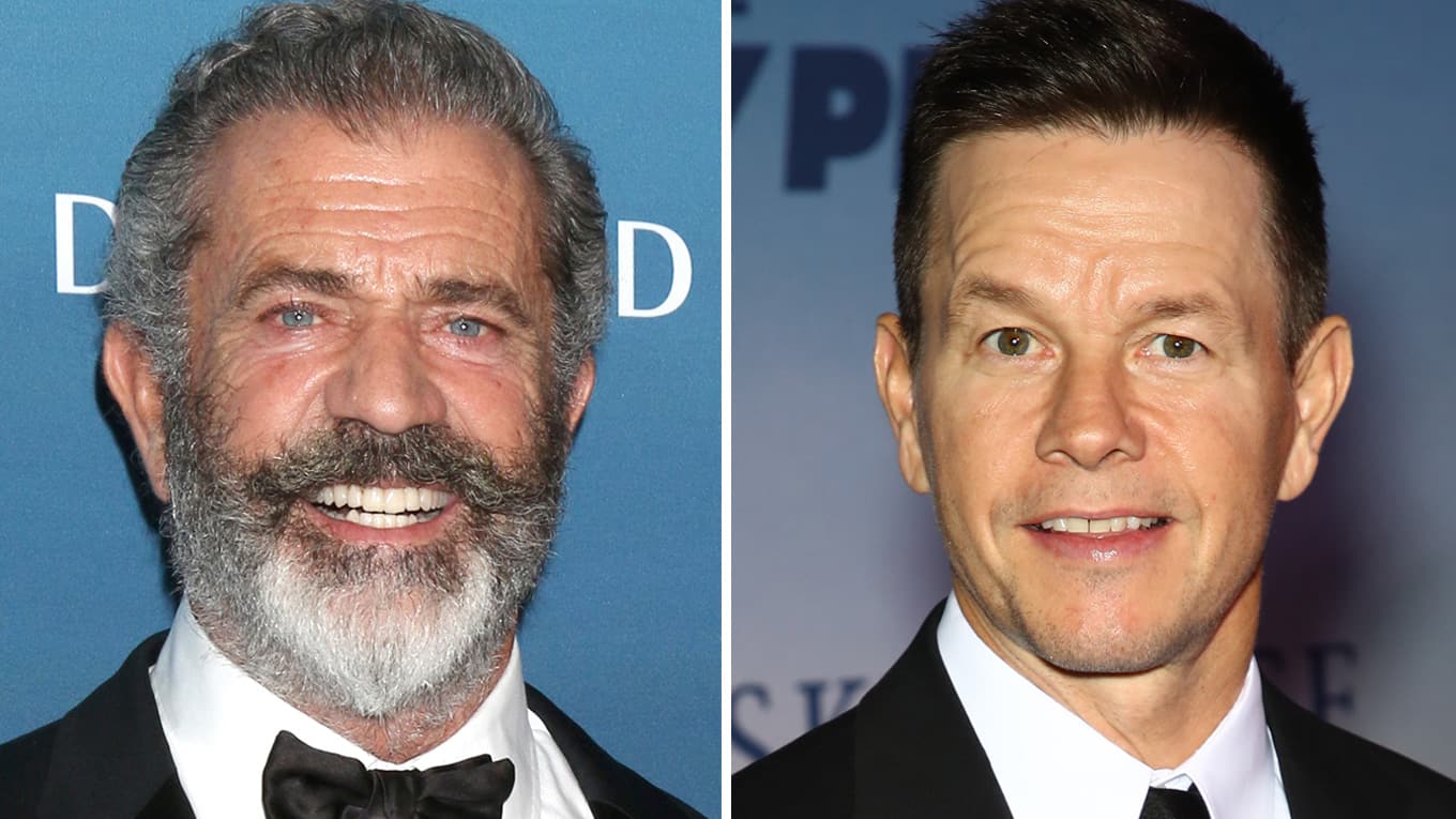 Foto von Schauspieler und Regisseur Mel Gibson (links) und Foto von Schauspieler Mark Wahlberg (rechts).