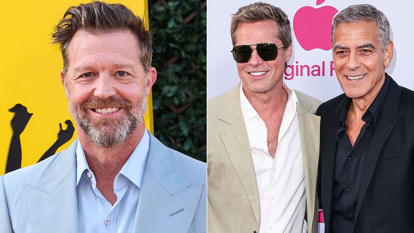 Foto von Schauspieler Brad Pitt und George Clooney und Regisseur David Leitch