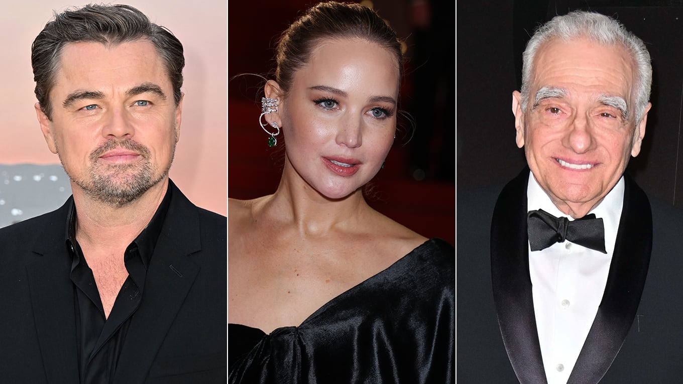 Foto-Collage mit Schauspieler Leonardo DiCaprio, Schauspielerin Jennifer Lawrence und Regisseur Martin Scorsese