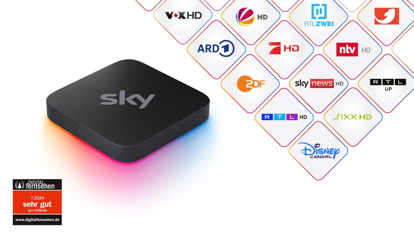 Sky Stream Box neben verschiedenen Free-TV-Senderlogos und Testsiegeln.